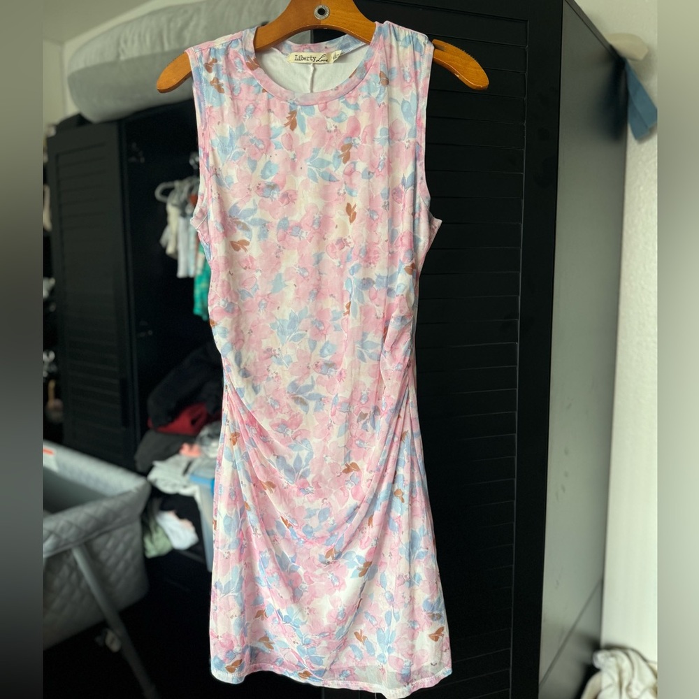 Blue/pink flower print mini dress